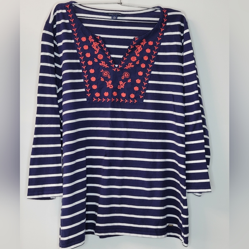 Tommy Hilfiger Navy Blue White Striped Cotton Embroidered Top Shirt Sz XL